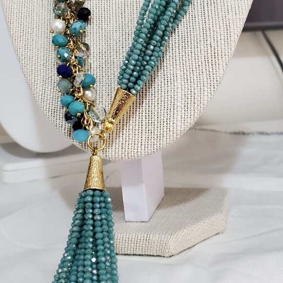 turquoise-and-pearl-beaded-  Elegant Stainless Steel Long Crystal Beads Turquose Necklaces